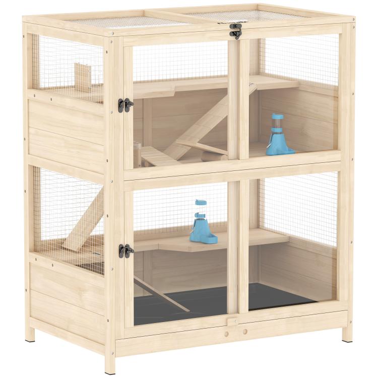 Light wood 4-level hamster cage with mesh sides, ramps, and pull-out trays