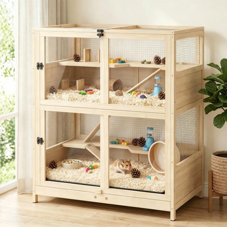 Wooden 4-tier small animal cage with mesh panels, ramps, tunnels, and water bottle