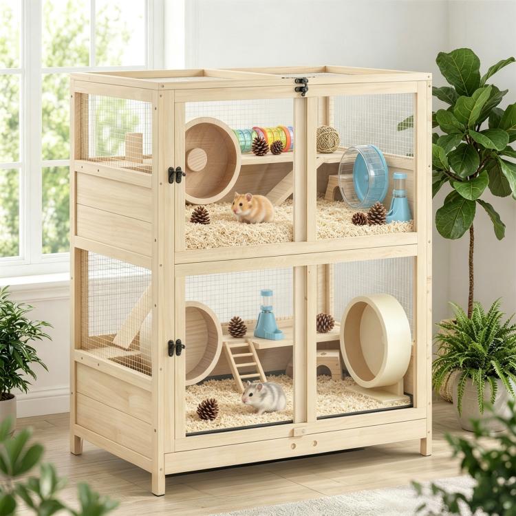 Wooden 4-tier hamster cage with mesh panels, tunnels, ramps, and water bottle