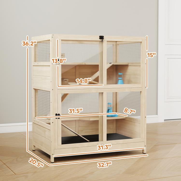 Wooden 4-tier small animal cage with flip roof and pull-out tray base