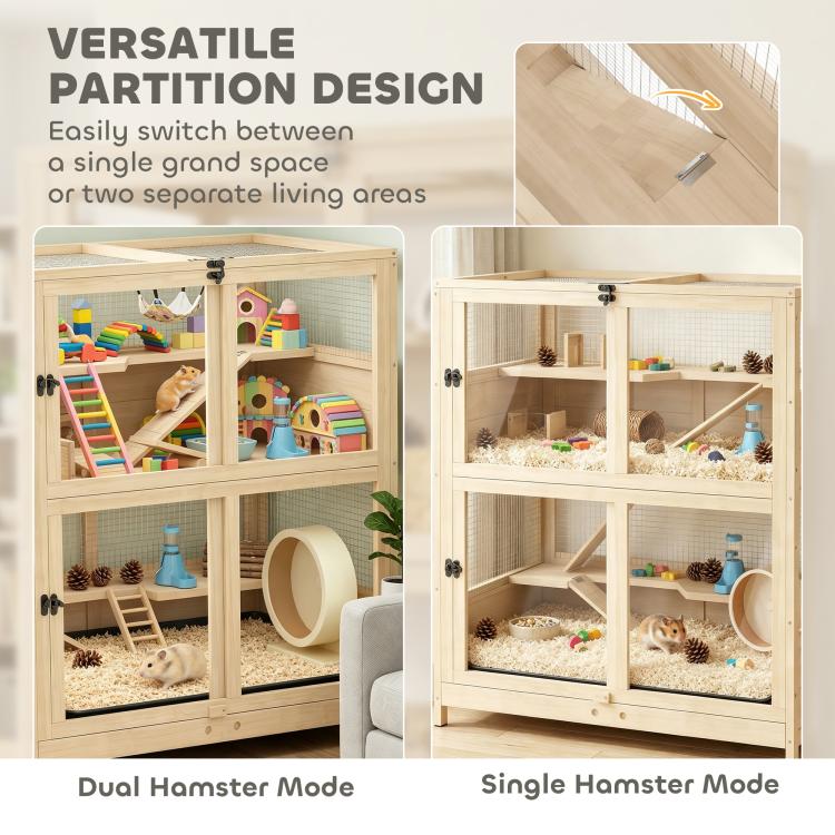 Wooden 4-tier small animal cage with mesh panels and partitioned interior compartments