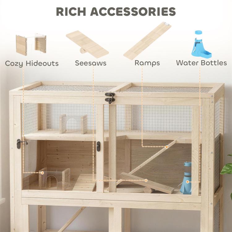 Wooden 4-tier small animal cage with hideouts, seesaws, ramps, and water bottles