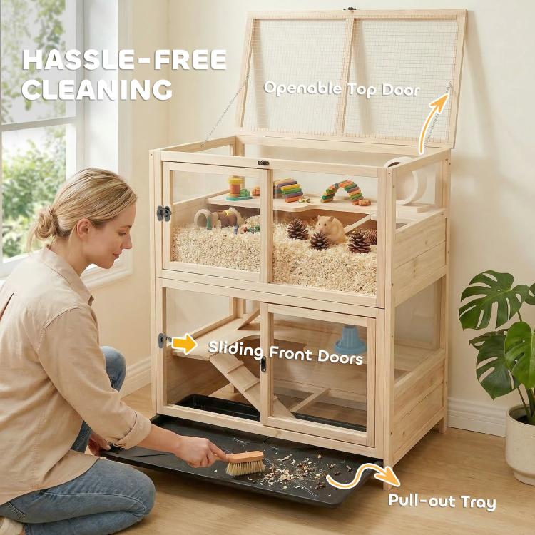 Wooden 4-tier small animal cage with flip top door and sliding front doors, pull-out tray