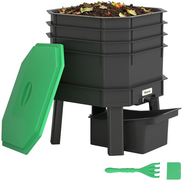 Dark green and black four-tray worm composter bin with open lid and front waste container