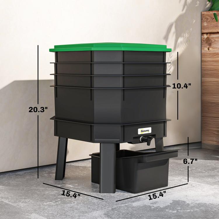 Worm composter bin with green top, stacked trays, and bottom drawer on sturdy legs