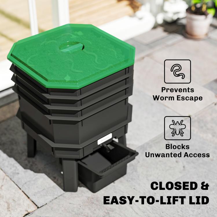 Worm composter bin with closed green lid and stacked trays, plus front pull-out drawer