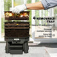Worm composter with open trays of food waste and gloved hand lifting the green lid