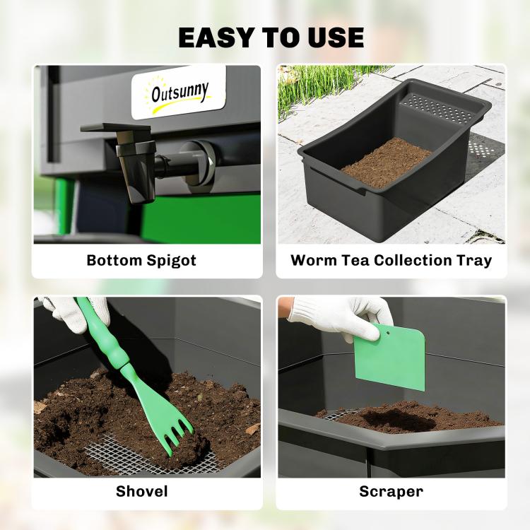 Worm composter accessories featuring bottom spigot, worm tea tray, shovel, and scraper