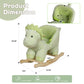Plush green dinosaur rocking horse with curved wooden rocker base and padded seat, side view