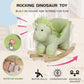 Green plush dinosaur rocking horse with curved wooden rockers and padded seat
