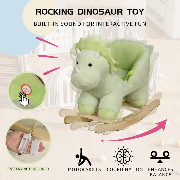 Green plush dinosaur rocking horse with curved wooden rockers and padded seat