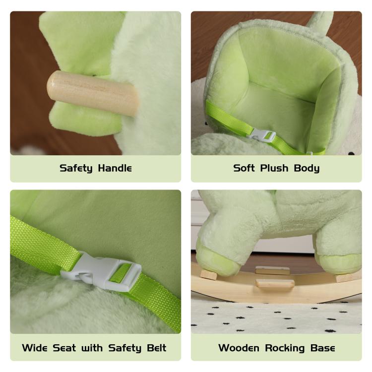 Green plush rocking dinosaur with safety handle, padded seat with safety belt, wooden base