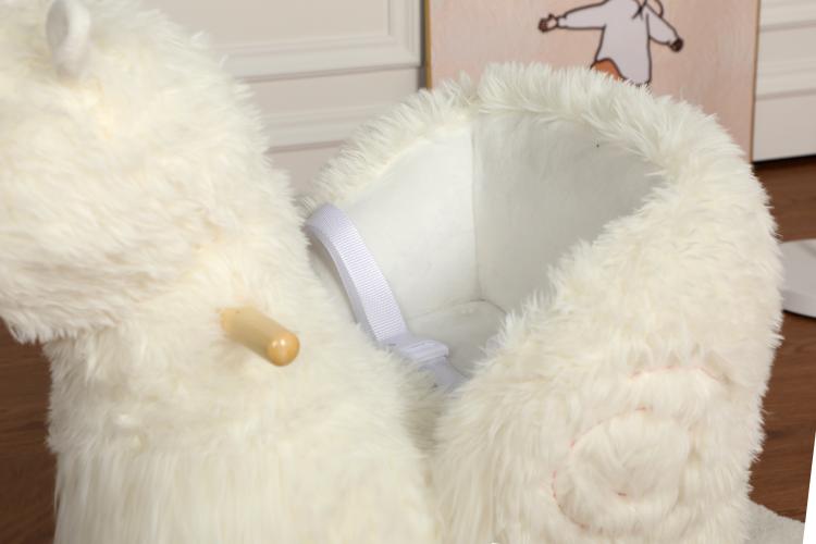 White plush alpaca rocking horse seat with safety belt and wooden support