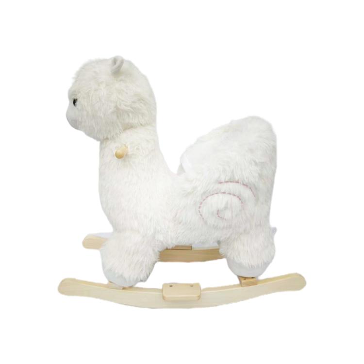 White plush rocking horse ride-on toy with wooden rocker base