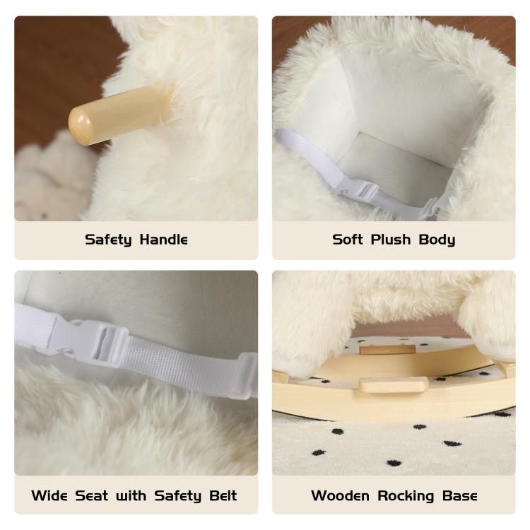 White plush alpaca rocking toy details: safety handle, belt, and wooden base