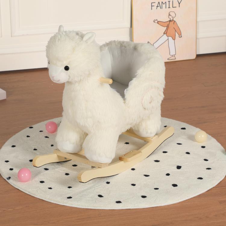 White plush alpaca rocking horse toy with wooden curved rockers and plush tail