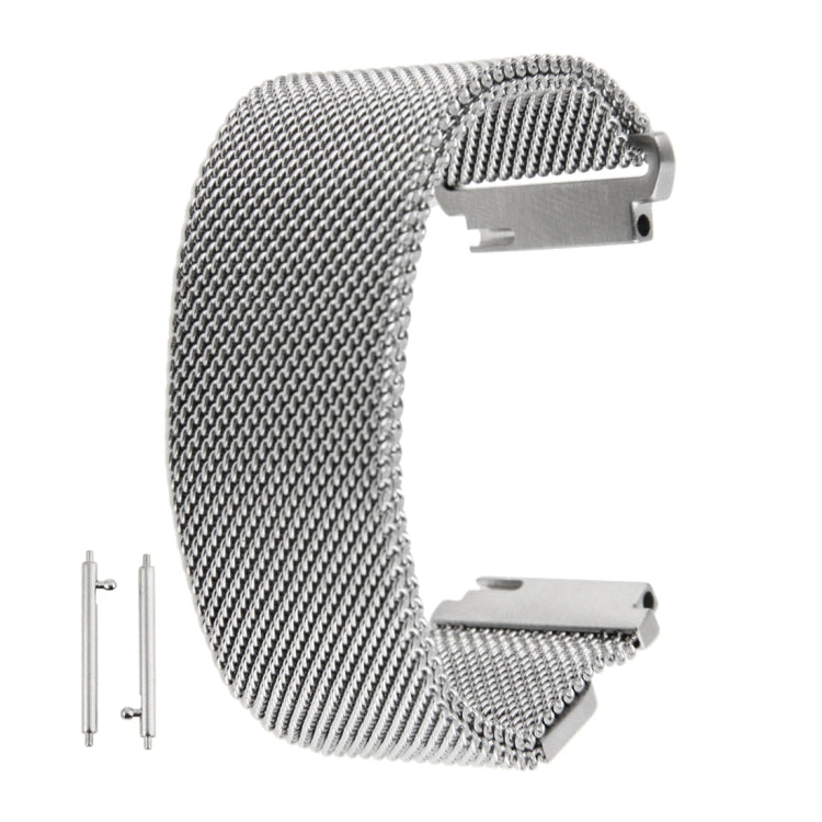 Stainless steel magnetic Milanese loop watch strap with dual-snap clasp, silver tone
