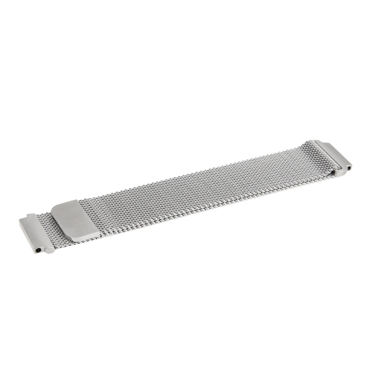 Stainless steel magnetic Milanese loop watch strap laid flat with silver clasp ends