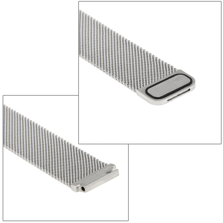 Stainless steel Milanese loop watch strap end pieces with oval port detail, silver tone