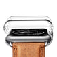 Transparent watch case for 42mm Apple Watch, underside with brown leather strap