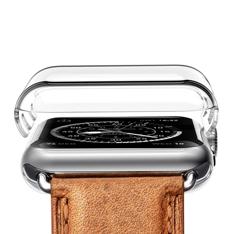 Transparent watch case for 42mm Apple Watch, underside with brown leather strap