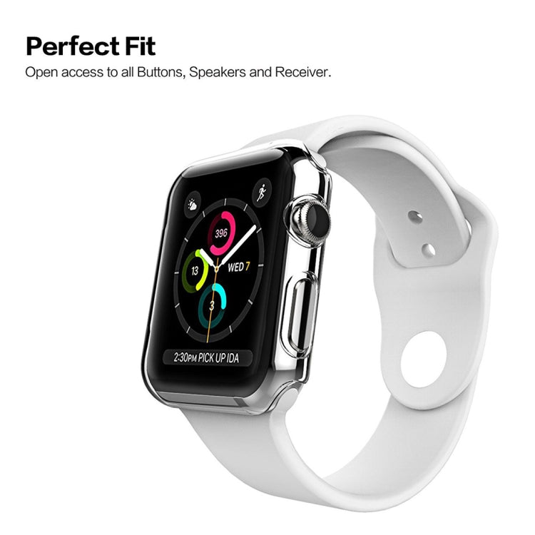 Transparent protective case for 42mm Apple Watch on white band, front view