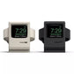 Pair of Apple Watch charging dock stands in gray and black, front view with time display
