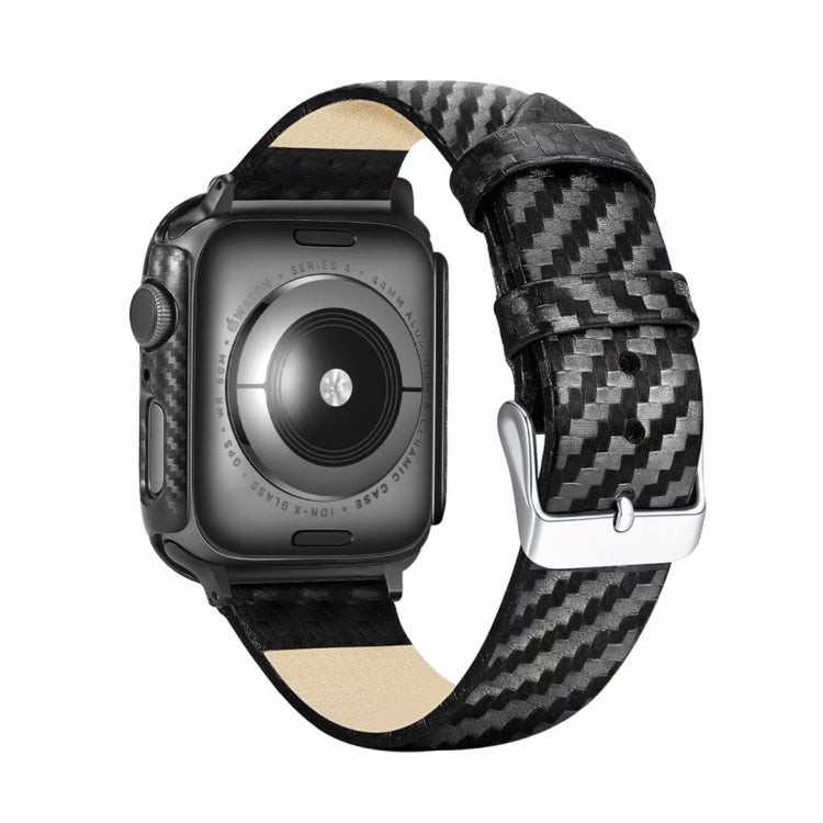 Carbon fiber watch band with tan leather lining and secured metal buckle