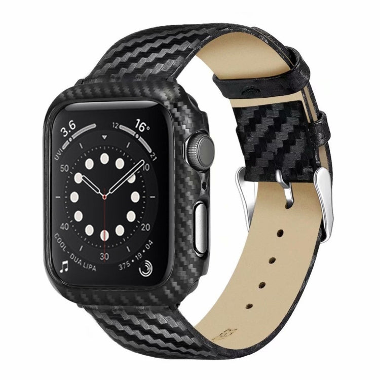 Carbon-fiber watch case with black leather strap and buckle, 42mm