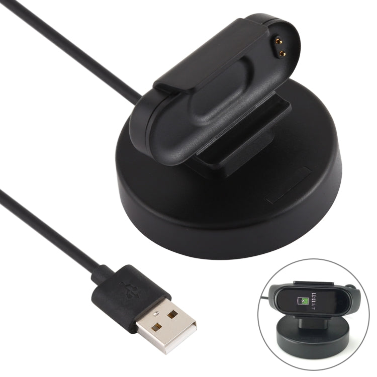 Black charging dock stand with cable, U-shaped cradle connector on base