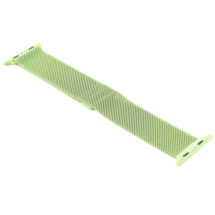 Green woven nylon magnetic Apple Watch band with end holes and clasp tab