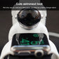 Close-up astronaut stand with Apple Watch resting on square charging dock