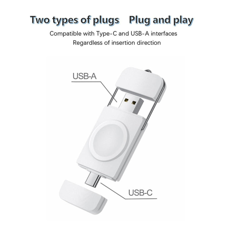 White magnetic smartwatch charging dongle showing USB-A and USB-C plug types