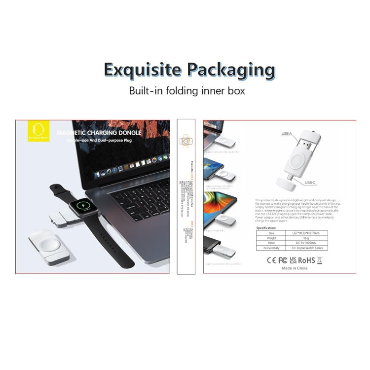 Magnetic smartwatch charger retail packaging box showing included plug and dock