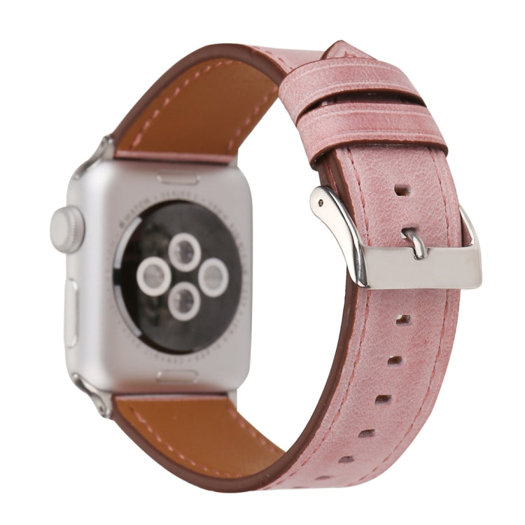 Genuine leather Apple Watch band, pink leather with silver buckle and stitched adjustment holes