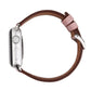 Genuine leather Apple Watch band, pink strap with brown back and silver buckle on case