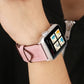 Genuine leather Apple Watch band on wrist, pink strap with brown lining and silver buckle
