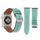 Genuine leather Apple Watch band, teal strap with brown underside and silver buckle hardware