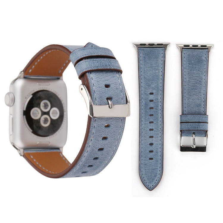Blue genuine leather Apple Watch band with silver buckle and stitched holes, 38mm