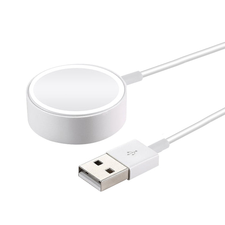 White charging puck with USB-A cable connector for magnetic Apple Watch charging.