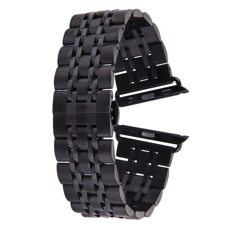 Black metal watch band with interlocking links and hidden butterfly buckle, 22mm