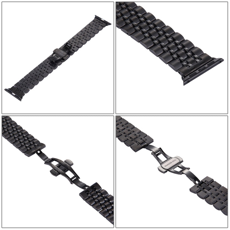 Black metal watch band with interlocking links and butterfly buckle, 22mm