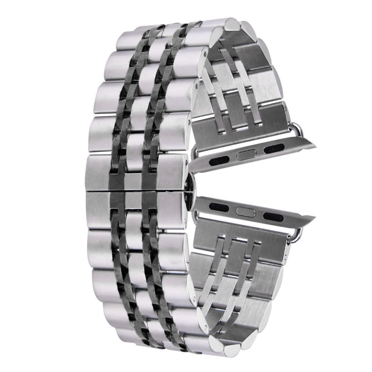 Silver metal watch band with black accent stripe and hidden butterfly buckle, 22mm