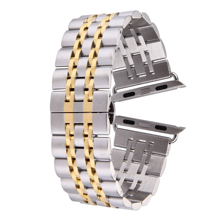 Silver metal watch band with gold accent stripe and hidden butterfly buckle, 22mm
