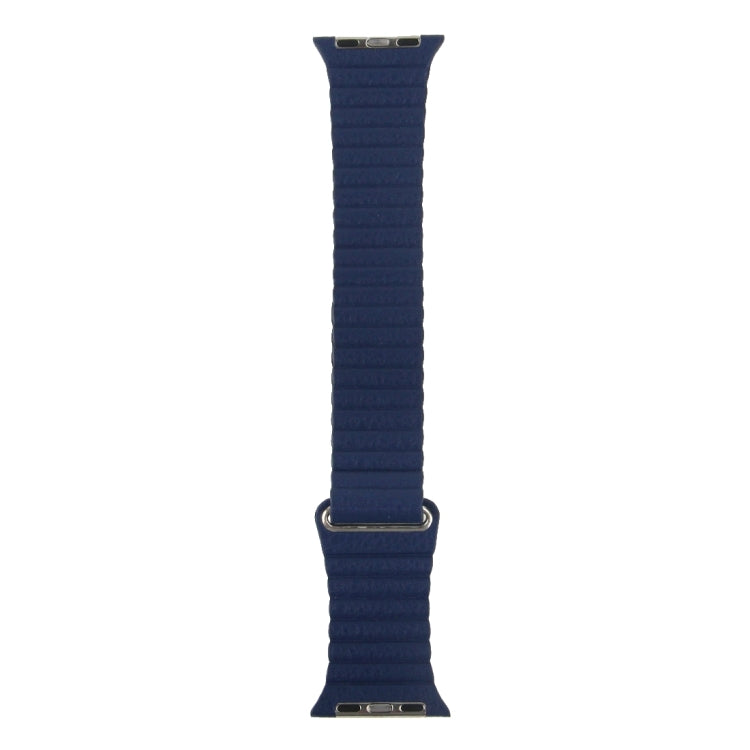 Dark blue PU leather loop watch band with metal clasp, shown vertically