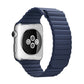 Dark blue PU leather loop watch band with magnetic clasp, front view on watch