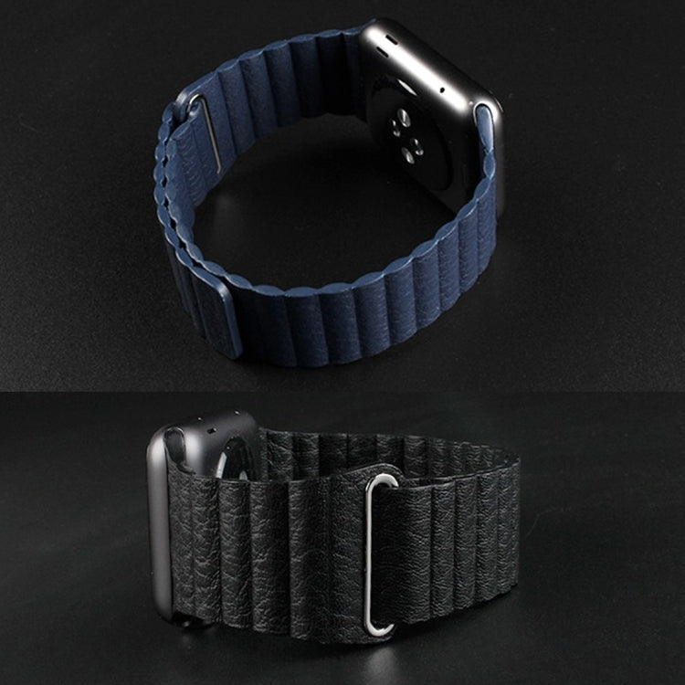 Dark blue PU leather loop watch band with magnetic clasp and metal buckle