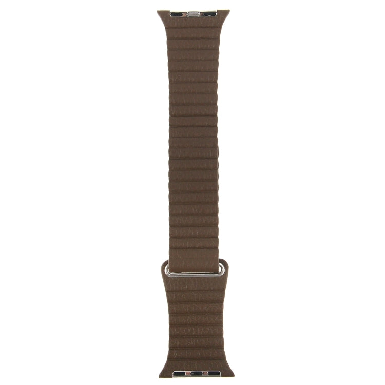 Brown loop watch band with metal buckle ends, strap shown straight