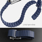 Blue ribbed loop watch band with metal buckle, close-up strap view