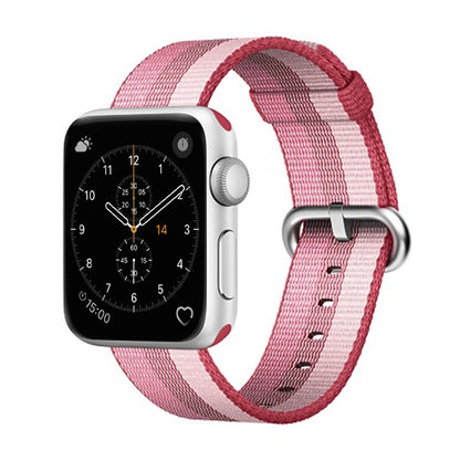 Woven nylon watch band for 42mm Apple Watch, berry stripe with metal clasp and holes